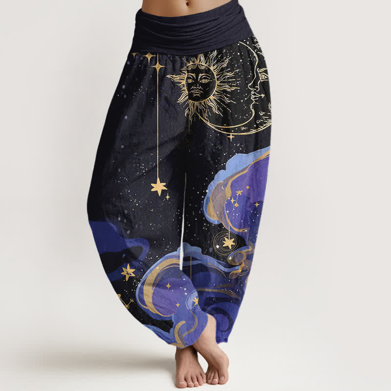 Buddha Stones Cotton Celestial Sun Moon & Star Wave Pattern Women's Elastic Waist Harem Pants - Black - US16,UK/AU20,EU48 (3XL) - image 0