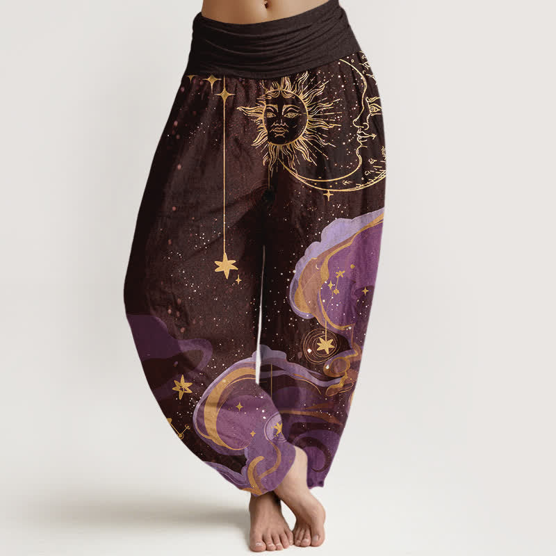 Buddha Stones Cotton Celestial Sun Moon & Star Wave Pattern Women's Elastic Waist Harem Pants - SaddleBrown - US16,UK/AU20,EU48 (3XL) - image 5