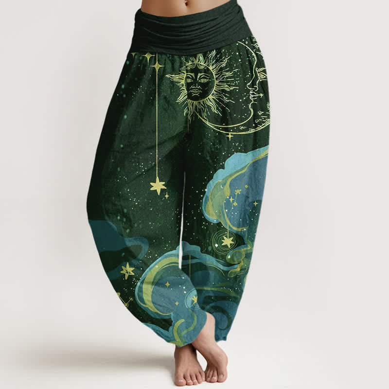 Buddha Stones Cotton Celestial Sun Moon & Star Wave Pattern Women's Elastic Waist Harem Pants - DarkGreen - US16,UK/AU20,EU48 (3XL) - image 8