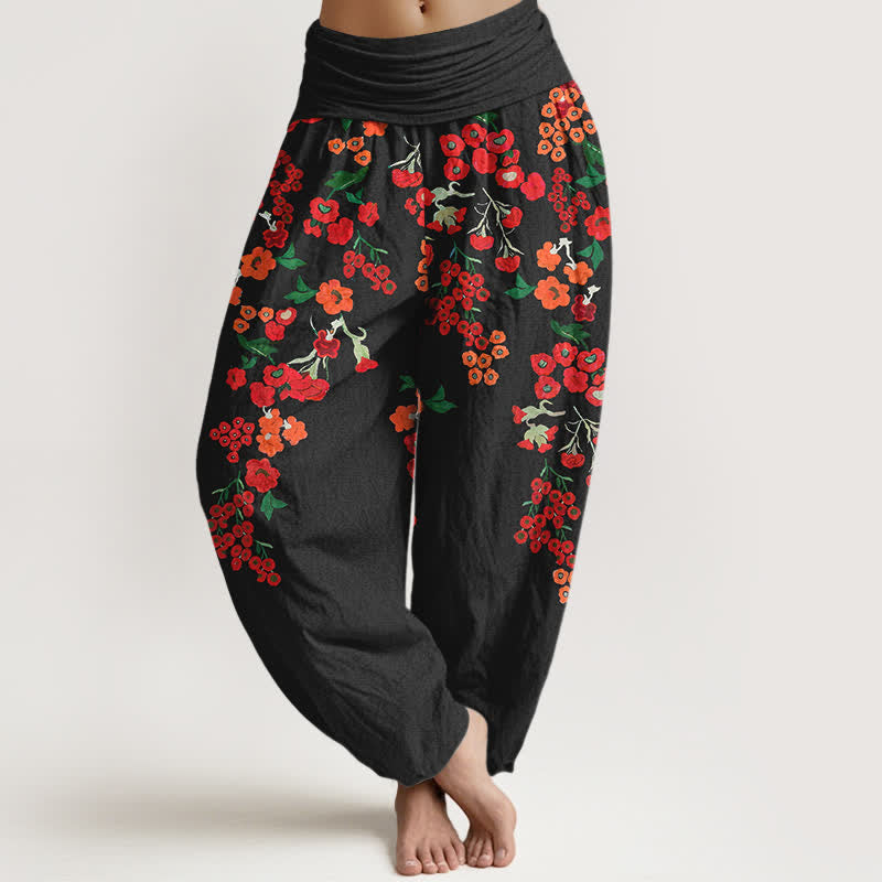 Buddha Stones Cotton Bohemian Red Floral Pattern Women's Elastic Waist Harem Pants - Black - US16,UK/AU20,EU48 (3XL) - image 0