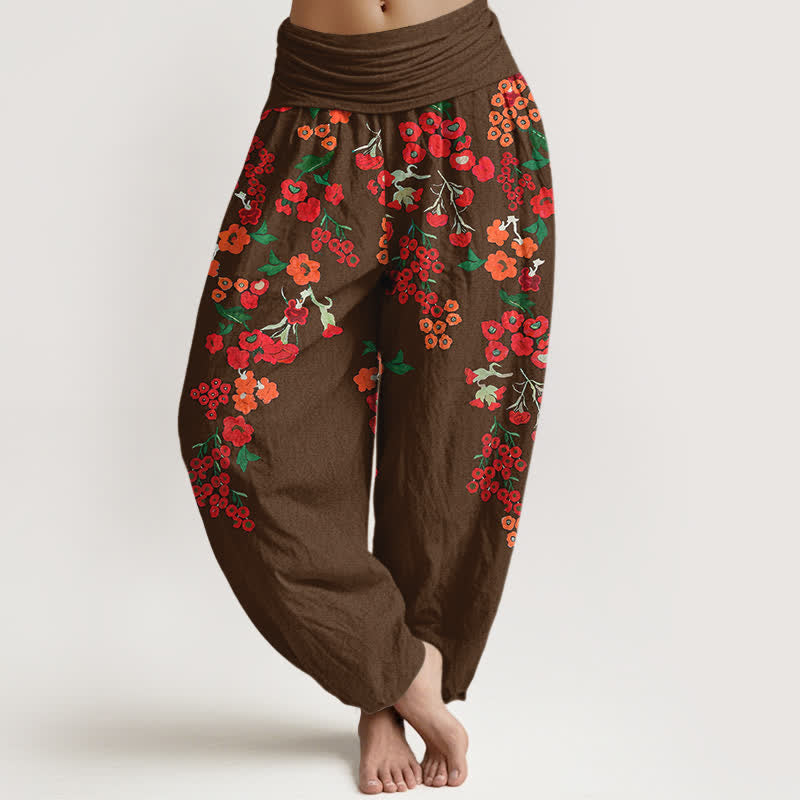 Buddha Stones Cotton Bohemian Red Floral Pattern Women's Elastic Waist Harem Pants - SaddleBrown - US16,UK/AU20,EU48 (3XL) - image 5