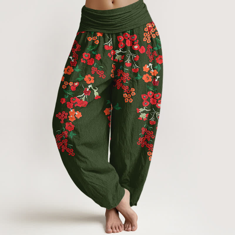 Buddha Stones Cotton Bohemian Red Floral Pattern Women's Elastic Waist Harem Pants - ForestGreen - US16,UK/AU20,EU48 (3XL) - image 8