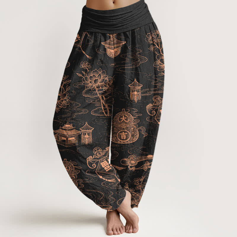 Buddha Stones Cotton Lotus Pavilion Gourd Pattern Women's Elastic Waist Harem Pants - Black - US16,UK/AU20,EU48 (3XL) - image 0