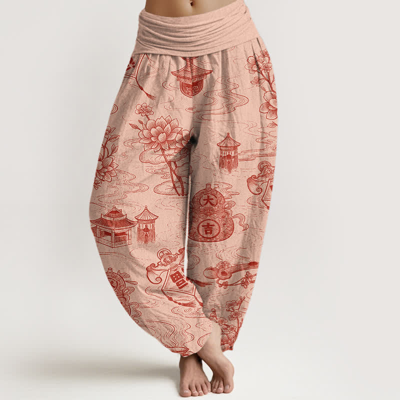 Buddha Stones Cotton Lotus Pavilion Gourd Pattern Women's Elastic Waist Harem Pants - PeachPuff - US16,UK/AU20,EU48 (3XL) - image 5