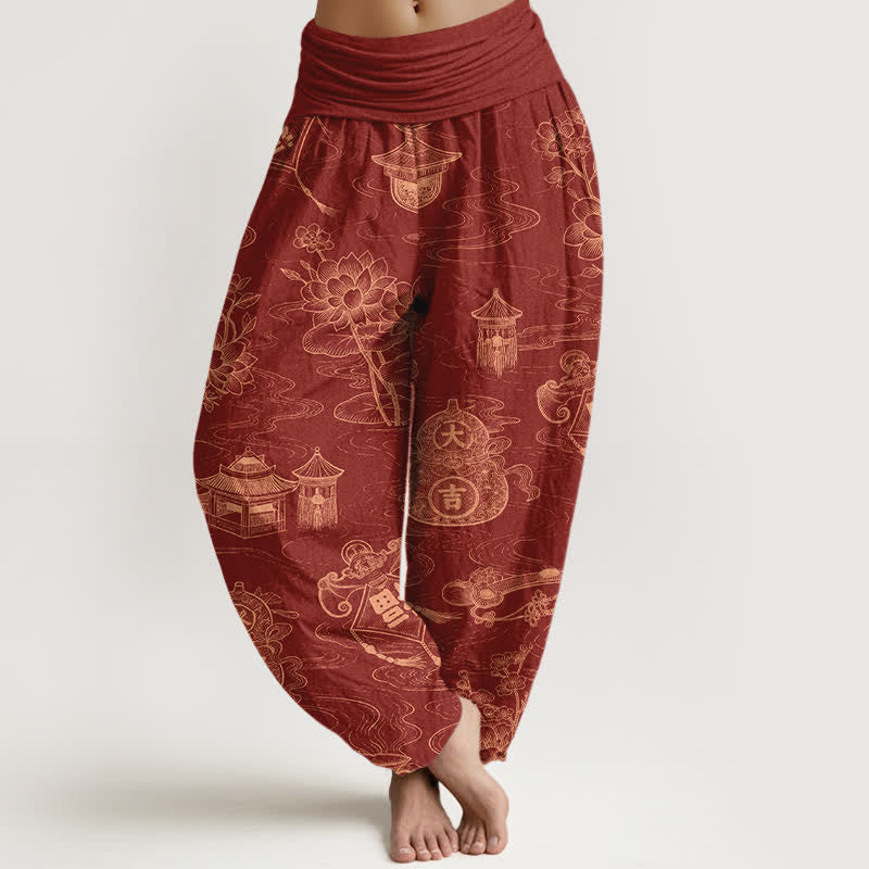 Buddha Stones Cotton Lotus Pavilion Gourd Pattern Women's Elastic Waist Harem Pants - FireBrick - US16,UK/AU20,EU48 (3XL) - image 8