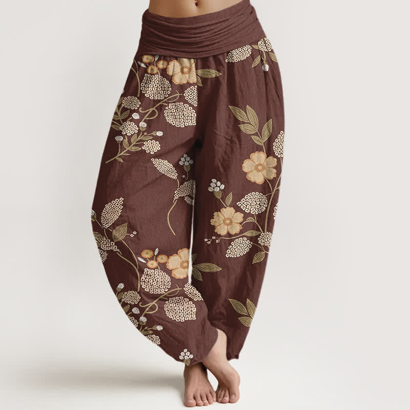 Buddha Stones Pure Cotton Vintage Floral Leaf Pattern Women's Elastic Waist Harem Pants - Sienna - US16,UK/AU20,EU48 (3XL) - image 0