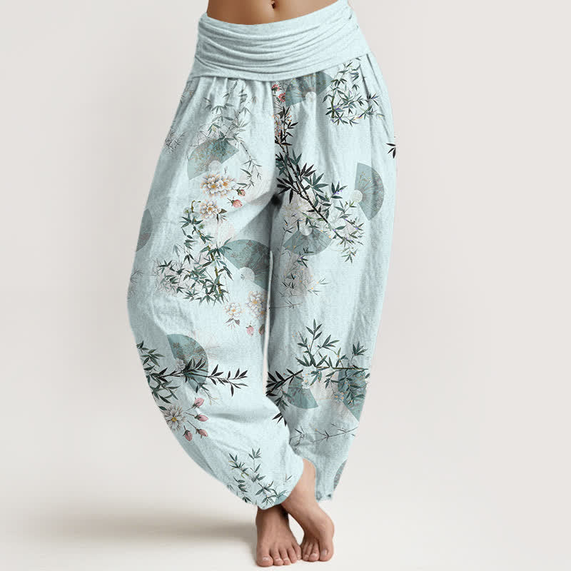 Buddha Stones Cotton Bamboo Blossom Fan Pattern Women's Elastic Waist Harem Pants - PaleTurquoise - US16,UK/AU20,EU48 (3XL) - image 0