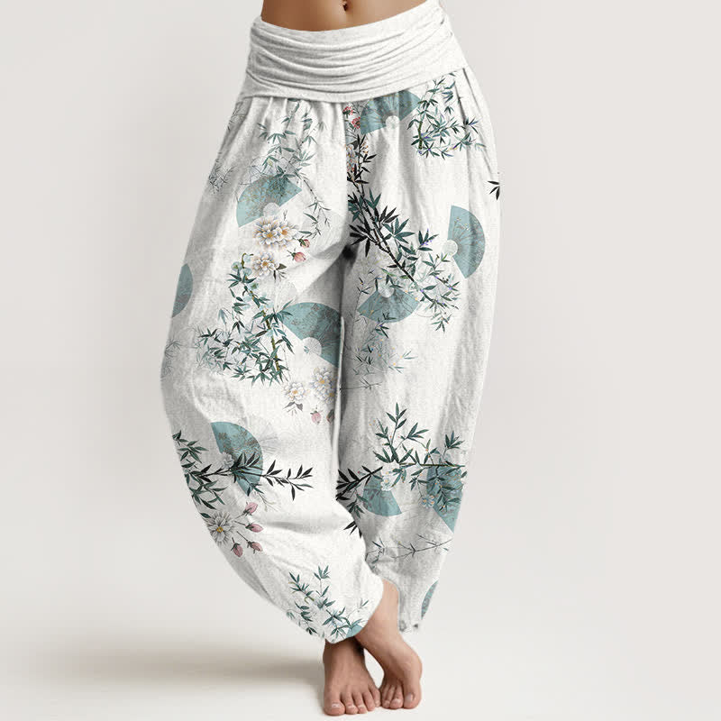 Buddha Stones Cotton Bamboo Blossom Fan Pattern Women's Elastic Waist Harem Pants - White - US16,UK/AU20,EU48 (3XL) - image 5
