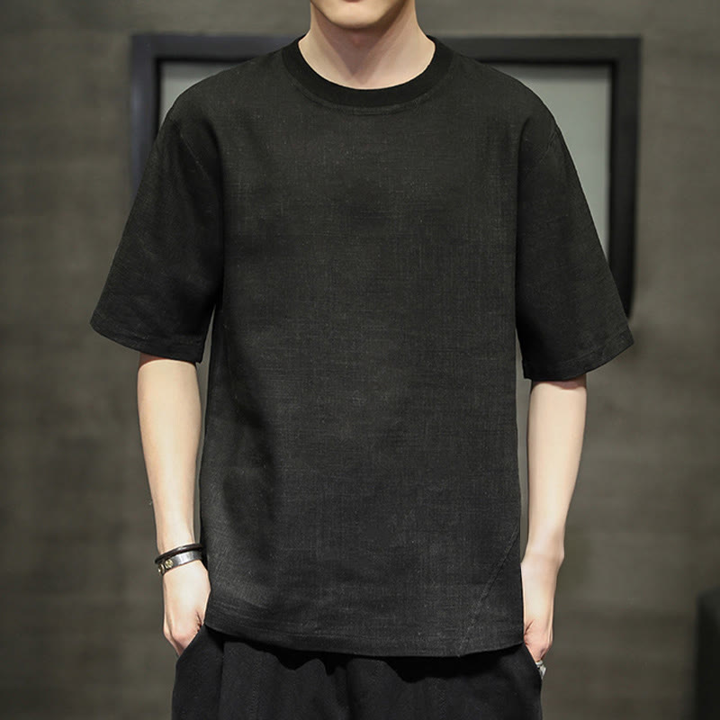 Buddha Stones Summer Casual Minimalist Solid Crew Neck Linen Men's Short Sleeve T-Shirts - Black - US/UK/AU46,EU56 (5XL) - image 6