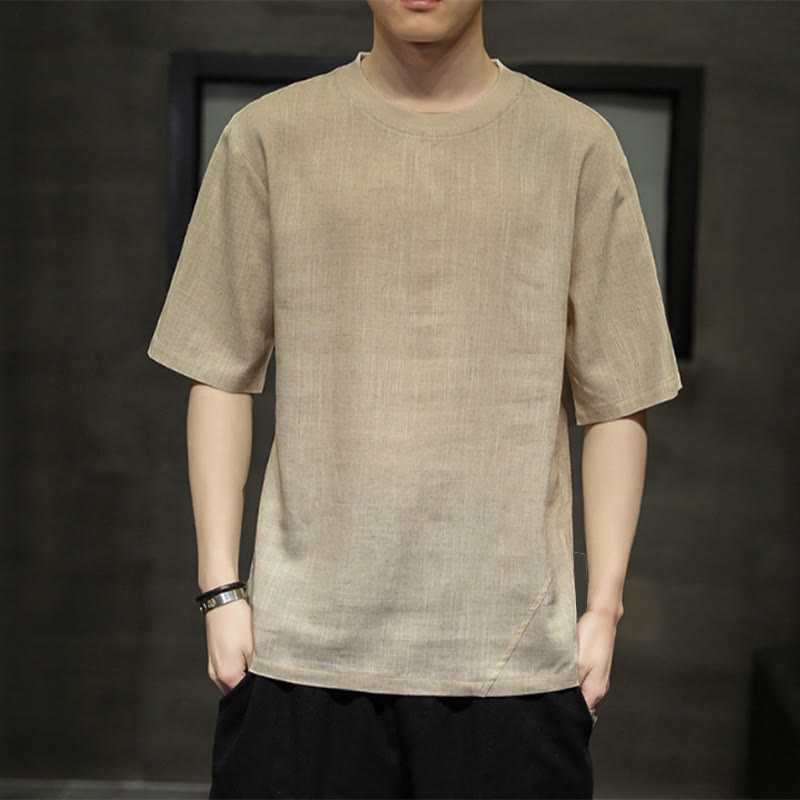 Buddha Stones Summer Casual Minimalist Solid Crew Neck Linen Men's Short Sleeve T-Shirts - Tan - US/UK/AU46,EU56 (5XL) - image 0