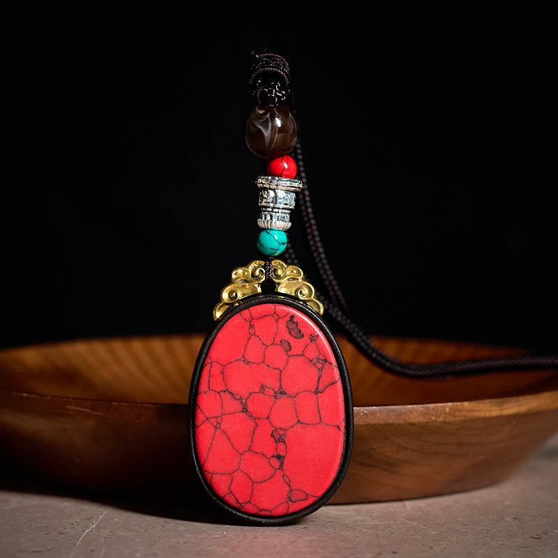 Buddha Stones Ebony Wood Wisdom Handmade Tribal Oval Necklace - Red - Ebony Wood(Balance♥Calm) - image 1