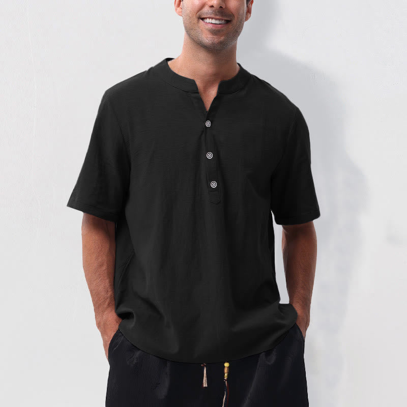 Buddha Stones Summer Casual Mandarin Collar Solid Half Buttons Cotton Linen Men's Short Sleeve Shirts - Black - US/UK/AU50,EU60 (5XL) - image 12