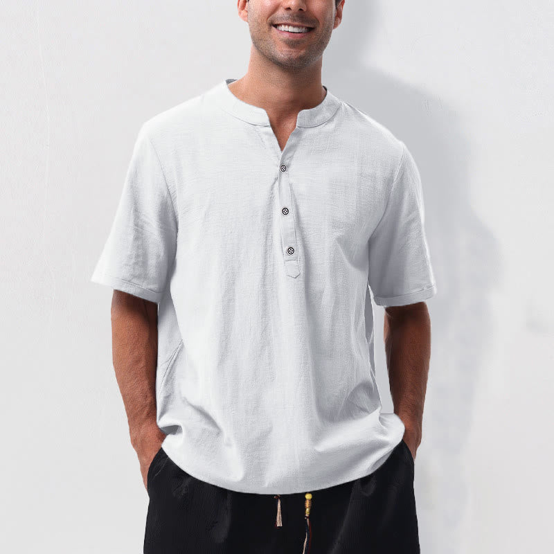 Buddha Stones Summer Casual Mandarin Collar Solid Half Buttons Cotton Linen Men's Short Sleeve Shirts - White - US/UK/AU50,EU60 (5XL) - image 20