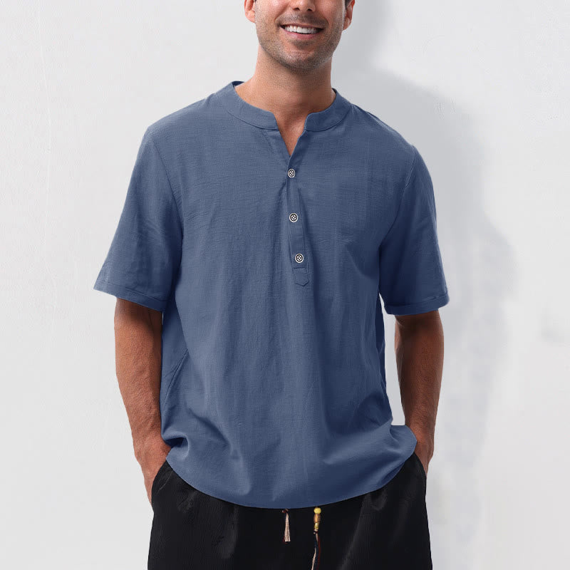 Buddha Stones Summer Casual Mandarin Collar Solid Half Buttons Cotton Linen Men's Short Sleeve Shirts - SteelBlue - US/UK/AU50,EU60 (5XL) - image 16