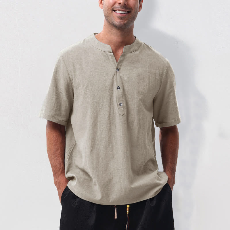 Buddha Stones Summer Casual Mandarin Collar Solid Half Buttons Cotton Linen Men's Short Sleeve Shirts - Linen - US/UK/AU50,EU60 (5XL) - image 8