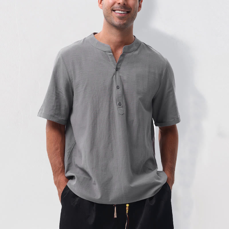 Buddha Stones Summer Casual Mandarin Collar Solid Half Buttons Cotton Linen Men's Short Sleeve Shirts - Gray - US/UK/AU50,EU60 (5XL) - image 0