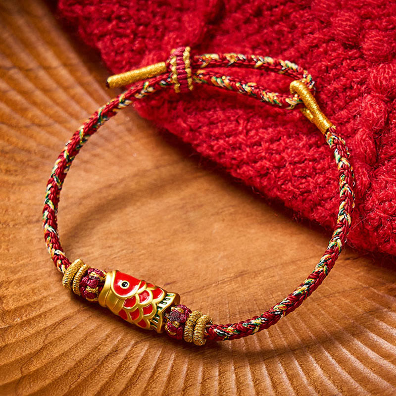 Buddha Stones Hand-Woven Red String Koi Fish Flower Protection Bracelet - Maroon - With Koi Fish Accessory - image 0
