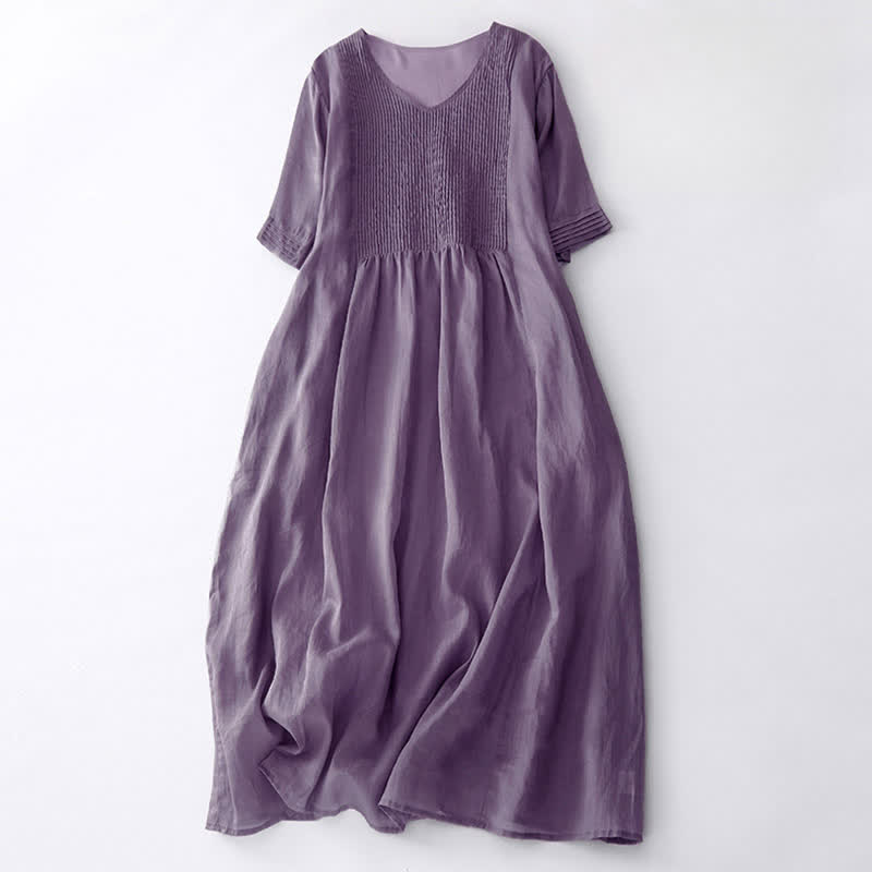 Buddha Stones Casual Accordion Pleat Plain V-neck Short Sleeve Midi Dress With Pockets - Plum - US14,UK/AU18,EU46 (2XL) - image 1