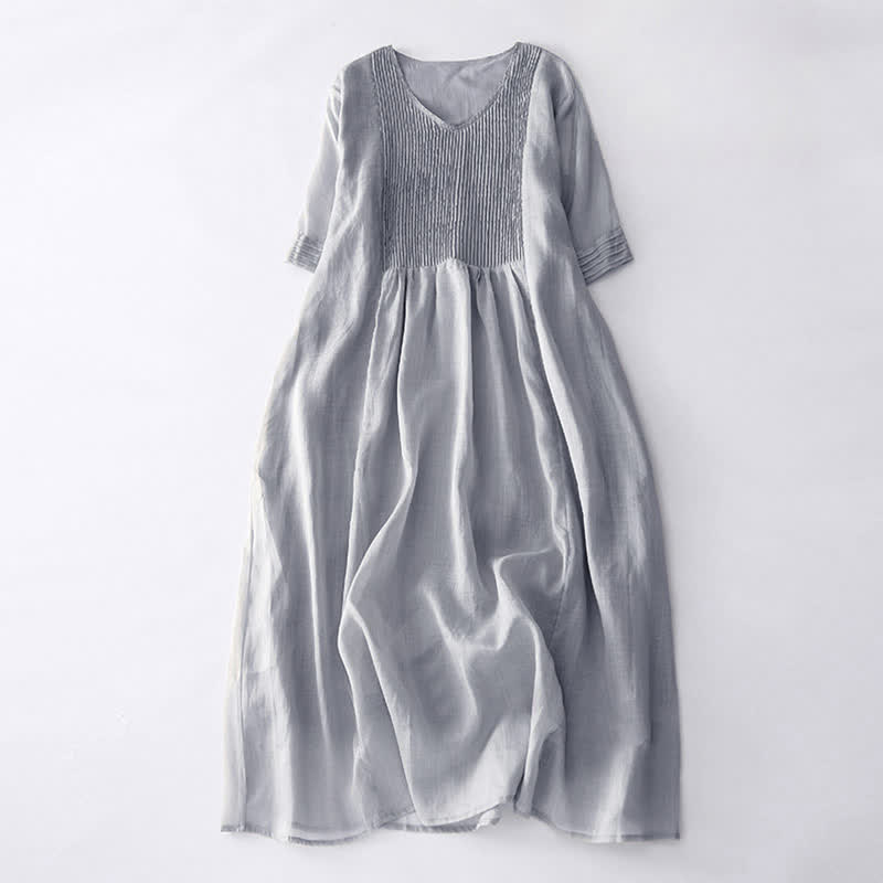 Buddha Stones Casual Accordion Pleat Plain V-neck Short Sleeve Midi Dress With Pockets - Silver - US14,UK/AU18,EU46 (2XL) - image 19