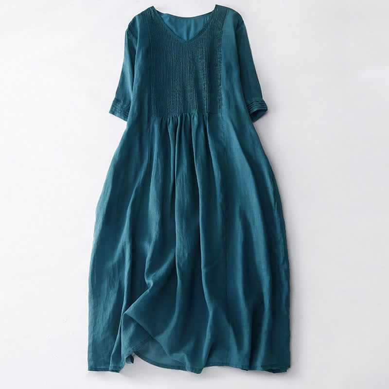 Buddha Stones Casual Accordion Pleat Plain V-neck Short Sleeve Midi Dress With Pockets - SteelBlue - US14,UK/AU18,EU46 (2XL) - image 34