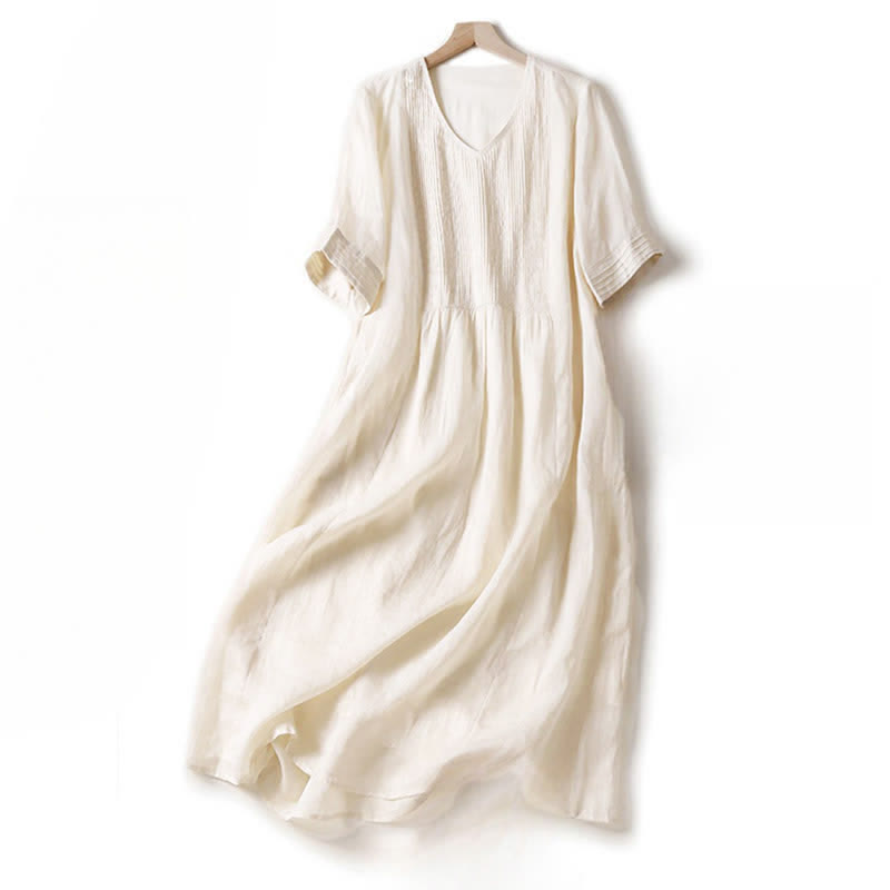 Buddha Stones Casual Accordion Pleat Plain V-neck Short Sleeve Midi Dress With Pockets - Snow - US14,UK/AU18,EU46 (2XL) - image 28