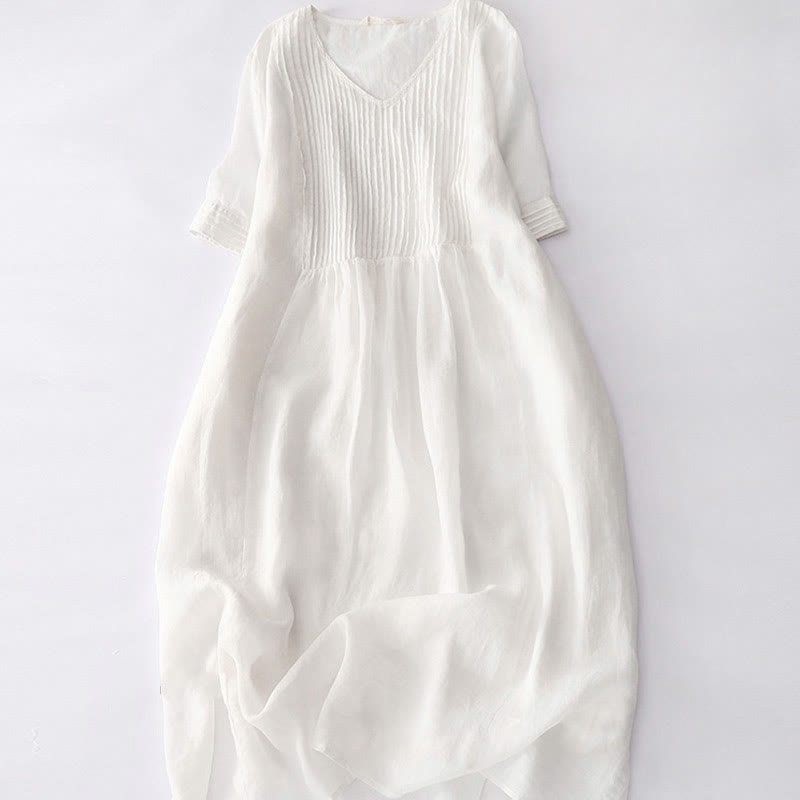 Buddha Stones Casual Accordion Pleat Plain V-neck Short Sleeve Midi Dress With Pockets - OldLace - US14,UK/AU18,EU46 (2XL) - image 41