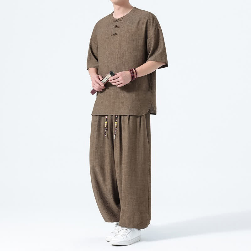 Buddha Stones 2Pcs Summer Tang Style Frog Button Solid Short Sleeve Shirt Harem Pants Men's Meditation Cloth With Pockets - Peru - US/UK/AU46,EU56 (5XL) - image 0