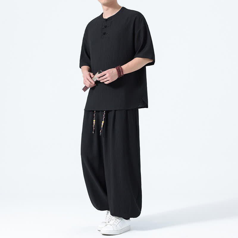 Buddha Stones 2Pcs Summer Tang Style Frog Button Solid Short Sleeve Shirt Harem Pants Men's Meditation Cloth With Pockets - Black - US/UK/AU46,EU56 (5XL) - image 6