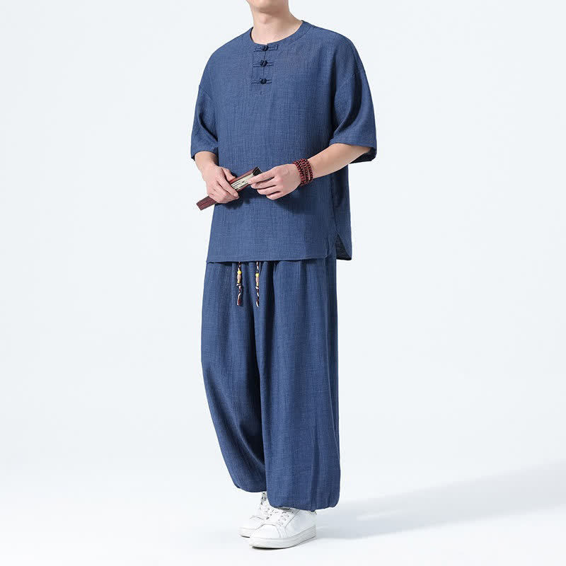 Buddha Stones 2Pcs Summer Tang Style Frog Button Solid Short Sleeve Shirt Harem Pants Men's Meditation Cloth With Pockets - Navy - US/UK/AU46,EU56 (5XL) - image 13