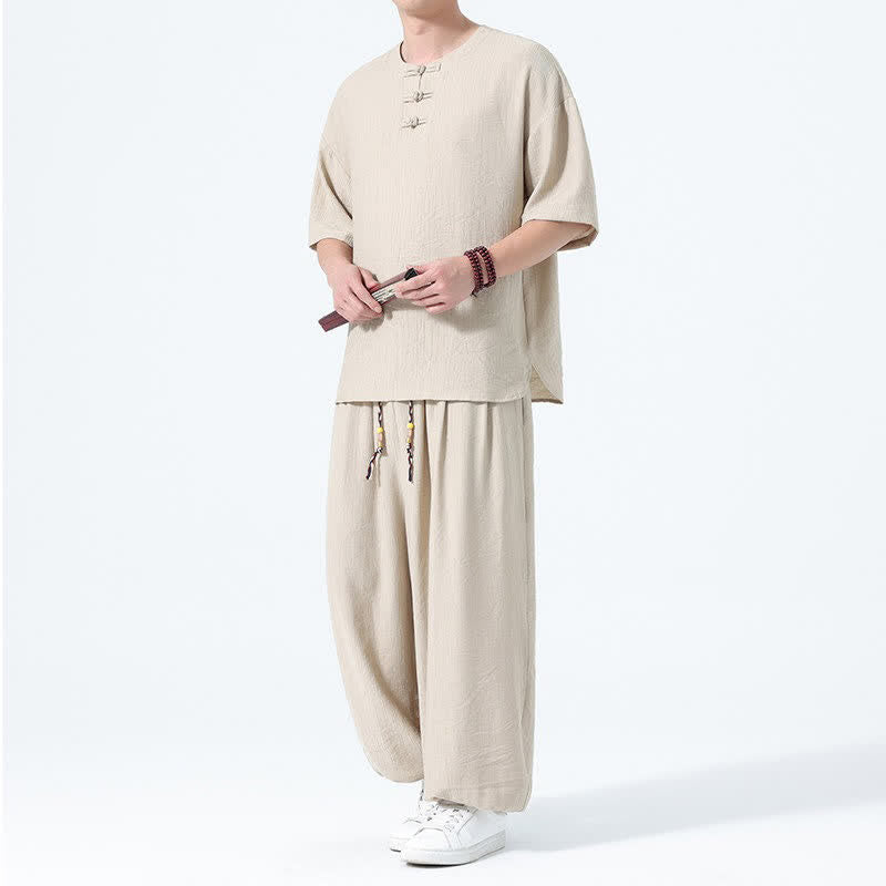 Buddha Stones 2Pcs Summer Tang Style Frog Button Solid Short Sleeve Shirt Harem Pants Men's Meditation Cloth With Pockets - Wheat - US/UK/AU46,EU56 (5XL) - image 20