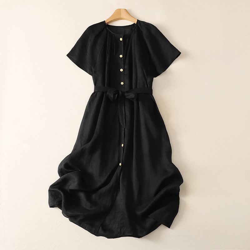 Buddha Stones Summer Vintage Button-Up Solid Women's Short Sleeve Midi Dress With Pockets - Black - US14,UK/AU18,EU46 (2XL) - image 12