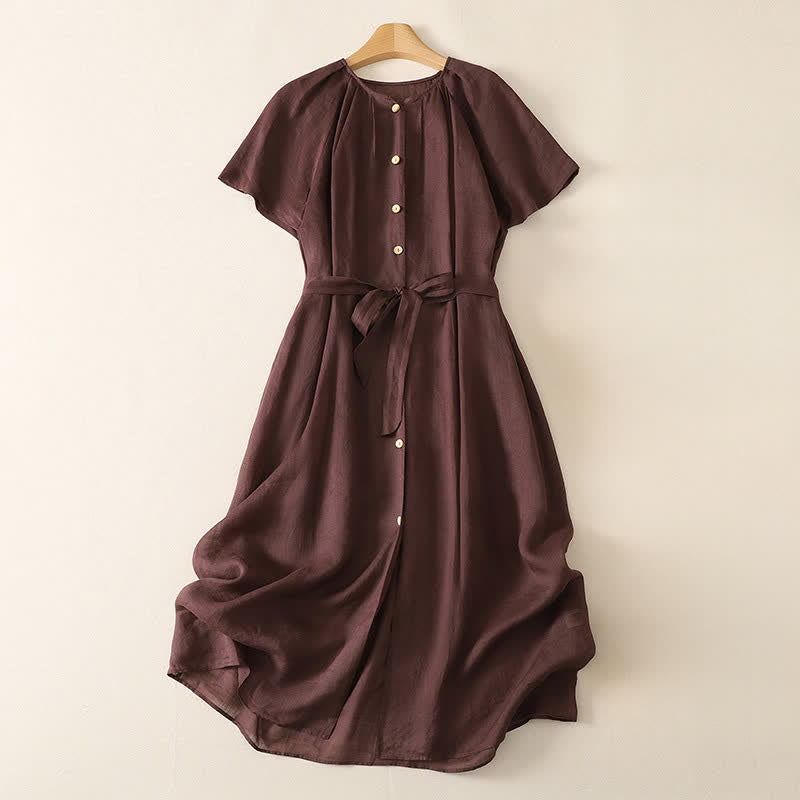Buddha Stones Summer Vintage Button-Up Solid Women's Short Sleeve Midi Dress With Pockets - Maroon - US14,UK/AU18,EU46 (2XL) - image 0