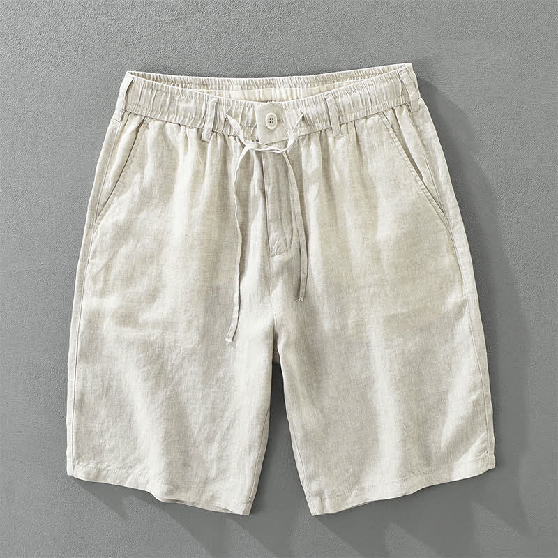Buddha Stones Summer Casual Minimalist Drawstring Zipper Design Solid Linen Men's Shorts With Pockets - Linen - US/UK/AU46,EU56 (3XL) - image 0