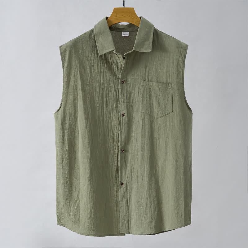 Buddha Stones Summer Casual Minimalist Button-Up Solid Men's Sleeveless Shirts - OliveDrab - US/UK/AU44,EU54 (3XL) - image 8