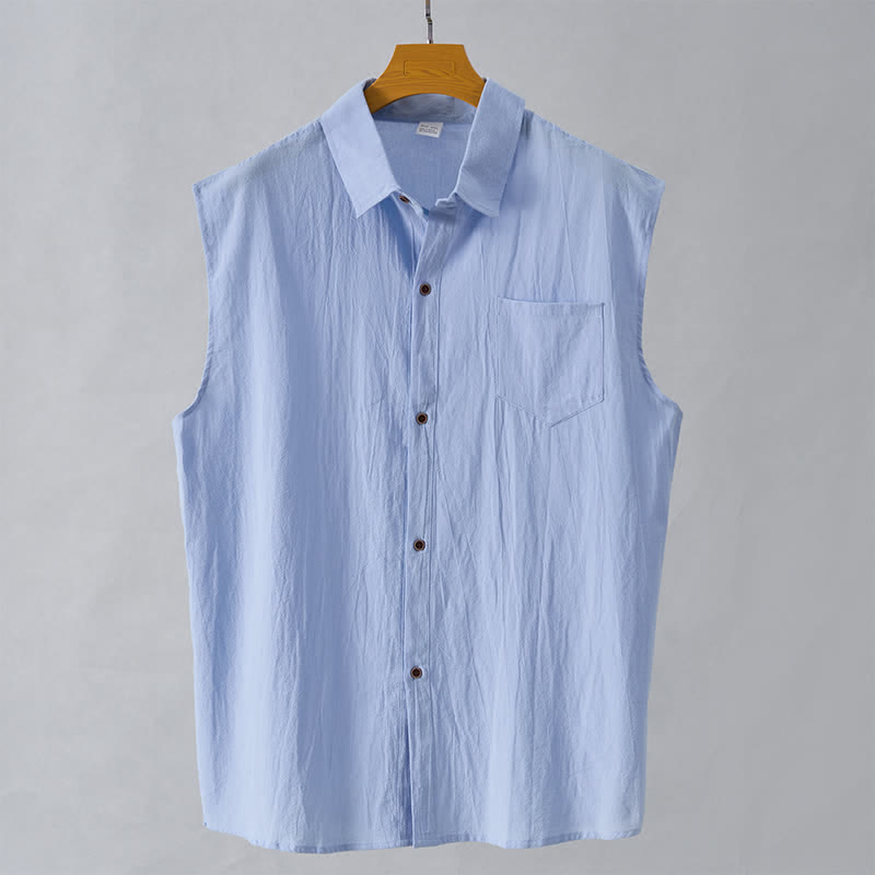 Buddha Stones Summer Casual Minimalist Button-Up Solid Men's Sleeveless Shirts - LightBlue - US/UK/AU44,EU54 (3XL) - image 19
