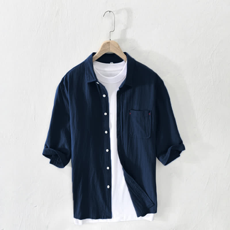 Buddha Stones Summer Casual Minimalist Button-Up Solid Cotton Linen Men's Short Sleeve Shirts With Pocket - Navy - US/UK/AU44,EU54 (3XL) - image 14