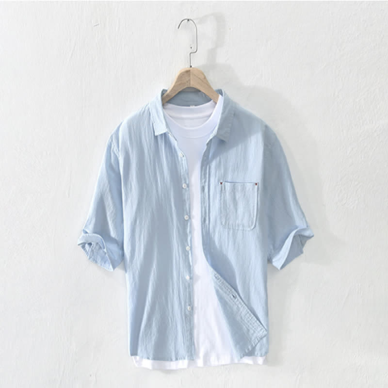 Buddha Stones Summer Casual Minimalist Button-Up Solid Cotton Linen Men's Short Sleeve Shirts With Pocket - PowderBlue - US/UK/AU44,EU54 (3XL) - image 10