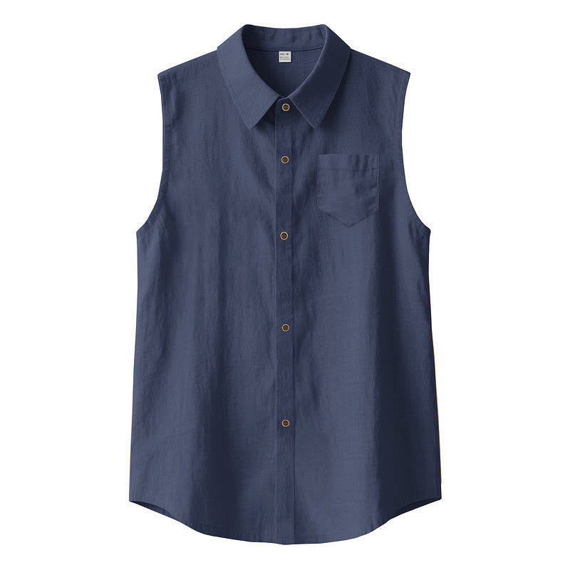 Buddha Stones Summer Casual Minimalist Button-Up Solid Men's Sleeveless Shirts - Navy - US/UK/AU44,EU54 (3XL) - image 0