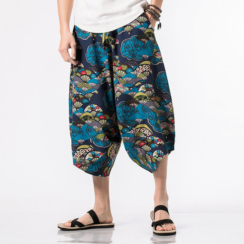 Buddha Stones Summer Boho Casual Drawstring Floral Cotton Linen Capri Pants Men's Harem Pants With Pocket - Blue - US/UK/AU48,EU58(5XL) - image 0