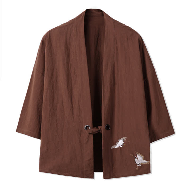 Buddha Stones Fall Casual Vintage Embroidery Crane Cotton Linen Men's Kimonos - Sienna - US/UK/AU48,EU58(5XL) - image 12