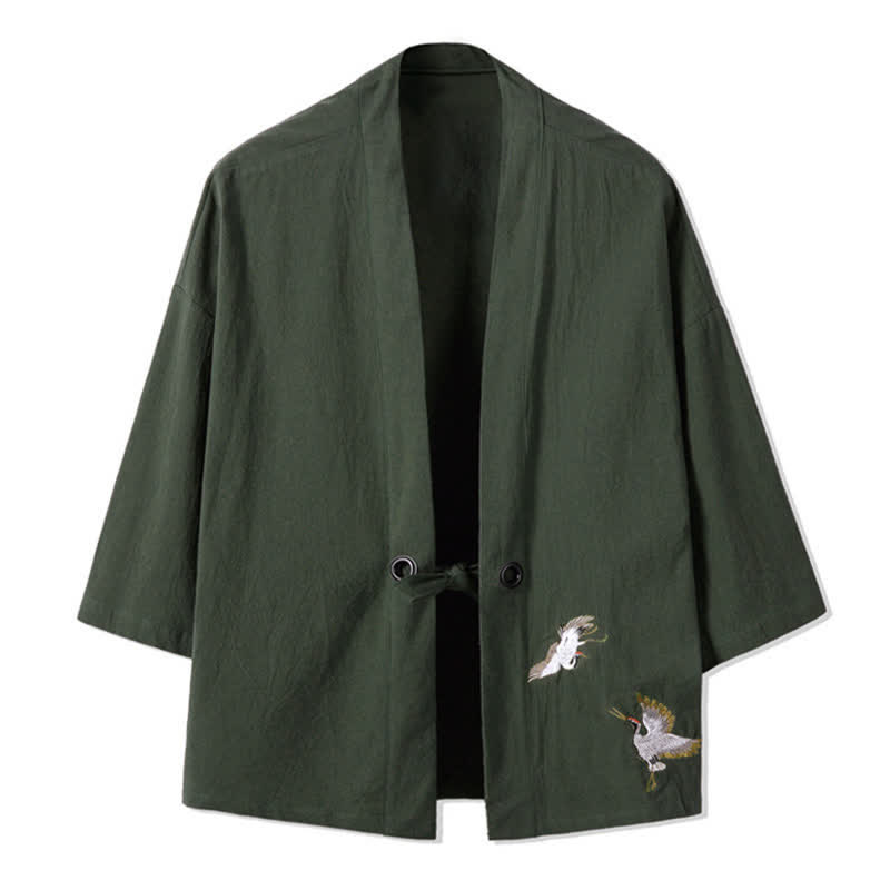 Buddha Stones Fall Casual Vintage Embroidery Crane Cotton Linen Men's Kimonos - DarkOliveGreen - US/UK/AU48,EU58(5XL) - image 0