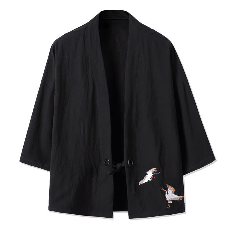 Buddha Stones Fall Casual Vintage Embroidery Crane Cotton Linen Men's Kimonos - Black - US/UK/AU48,EU58(5XL) - image 6