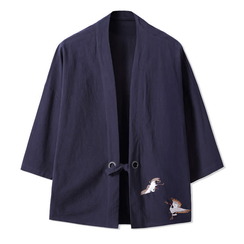 Buddha Stones Fall Casual Vintage Embroidery Crane Cotton Linen Men's Kimonos - MidnightBlue - US/UK/AU48,EU58(5XL) - image 10