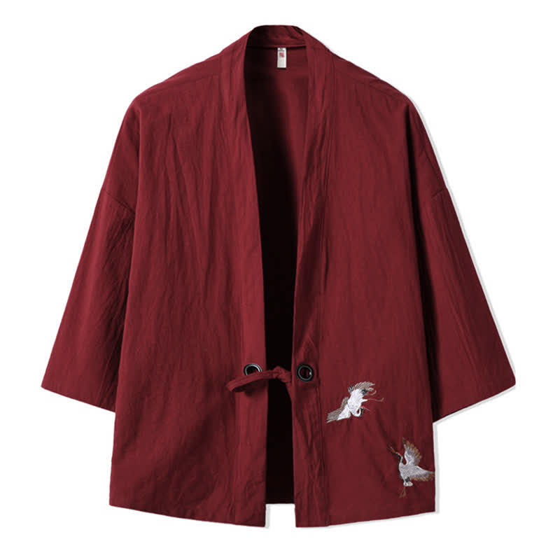Buddha Stones Fall Casual Vintage Embroidery Crane Cotton Linen Men's Kimonos - Maroon - US/UK/AU48,EU58(5XL) - image 8