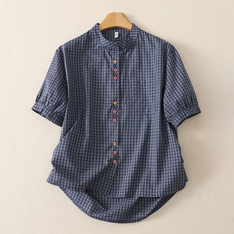 Buddha Stones Summer Casual Vintage Mandarin Collar Button-Up Plaid Women's Short Sleeve Shirts With Pocket - SlateGray - US12,UK/AU16,EU44 (2XL) - image 0