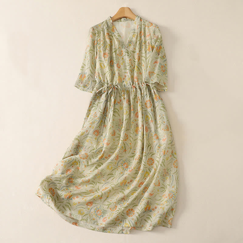 Buddha Stones Summer Boho Drawstring Floral Women's Short Sleeve Dress With Pocket - LemonChiffon - US12,UK/AU16,EU44 (2XL) - image 0