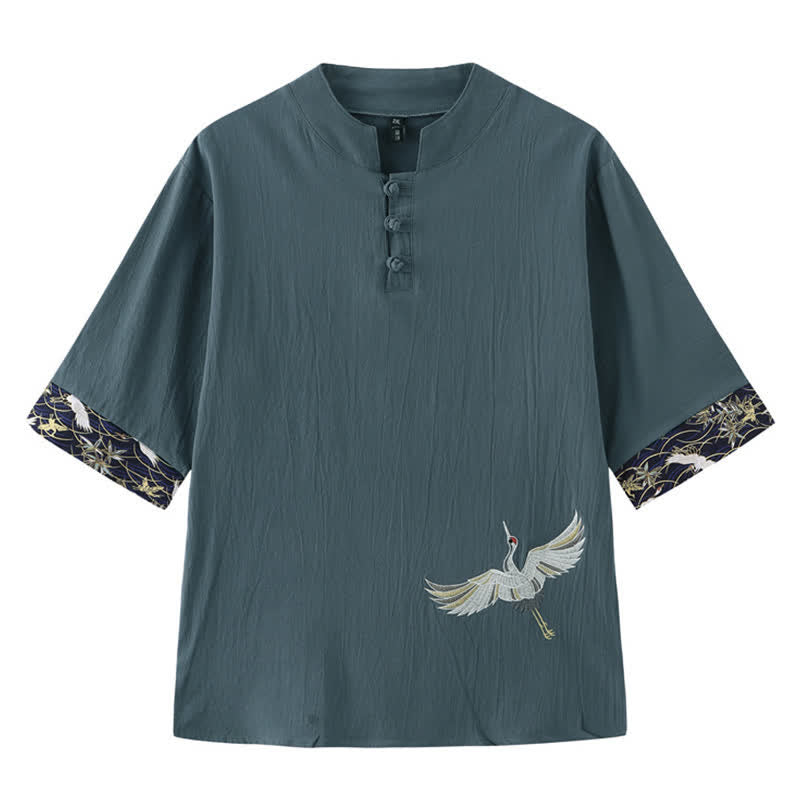 Buddha Stones Summer Tang Style Vintage Frog Button Crane Men's Short Sleeve Shirts - CadetBlue - US/UK/AU46,EU56 (5XL) - image 0