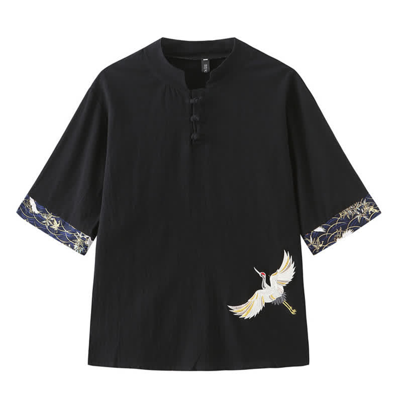 Buddha Stones Summer Tang Style Vintage Frog Button Crane Men's Short Sleeve Shirts - Black - US/UK/AU46,EU56 (5XL) - image 10