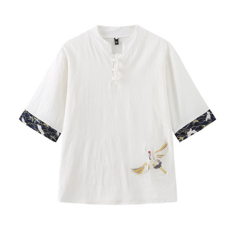 Buddha Stones Summer Tang Style Vintage Frog Button Crane Men's Short Sleeve Shirts - White - US/UK/AU46,EU56 (5XL) - image 2