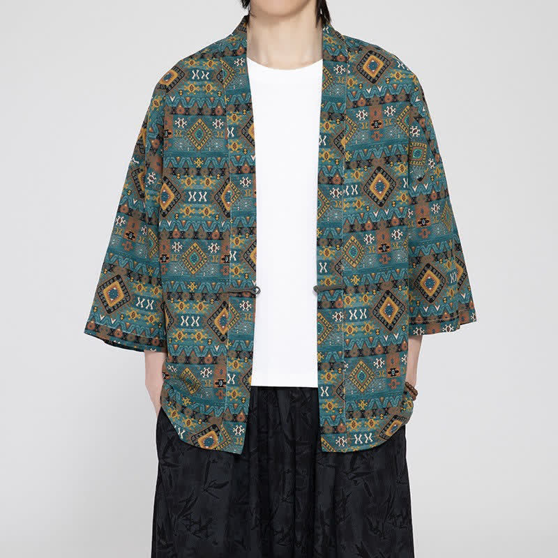 Buddha Stones Spring Summer Boho Casual Patch Pocket Geometric Men's Kimonos - Teal - US/UK/AU46,EU56 (5XL) - image 0